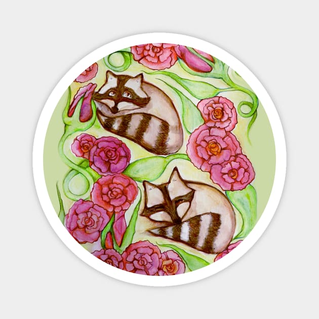 Raccoon Roses Spring Magnet by bubbsnugg